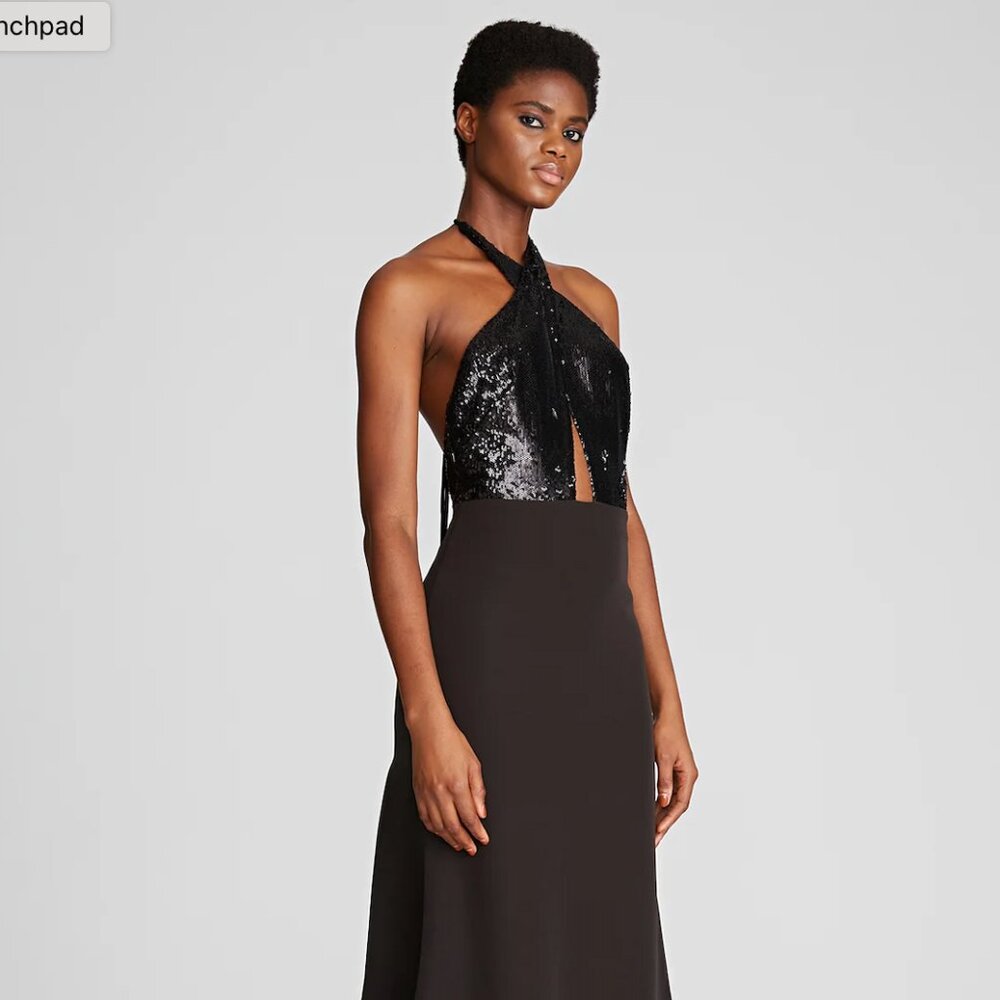 Halston Lacey Black Gown Black crepe Criss-Cross Sequin Bodice Backless Sz 12